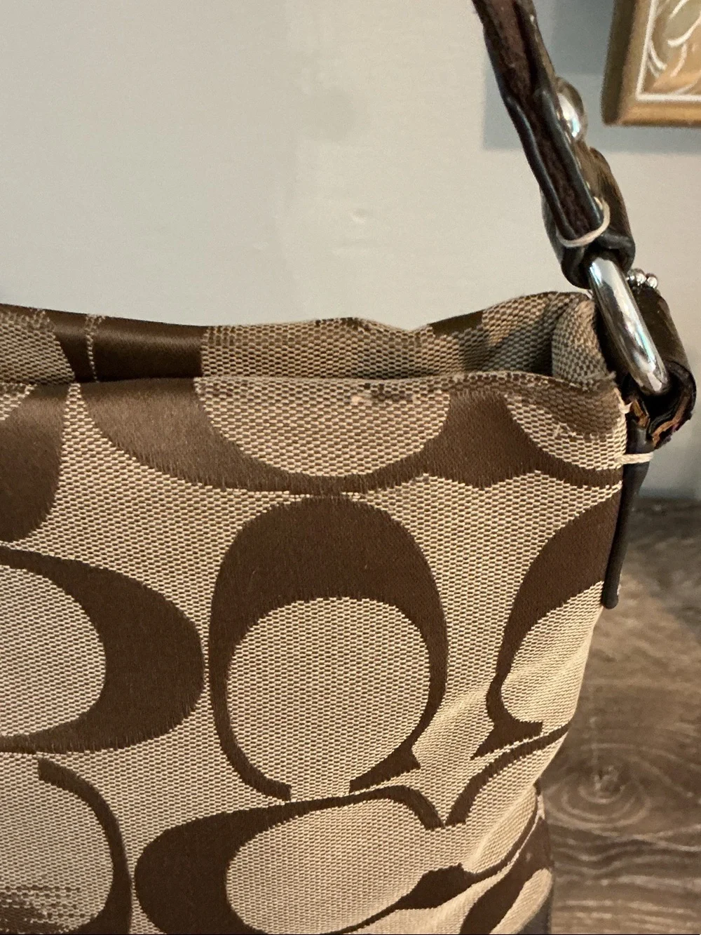 Coach Brown Signature Canvas Crossbody Bag with Dark Brown Trim